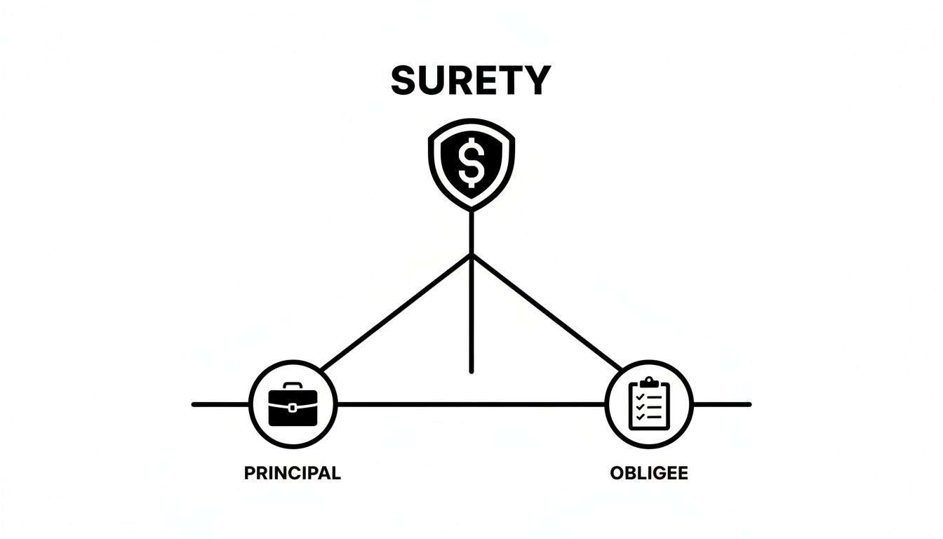 Your Guide to Small Business Bond Insurance in KS & MO 1 A diagram illustrates the surety bond relationship between surety, principal, and obligee, with icons representing each party.